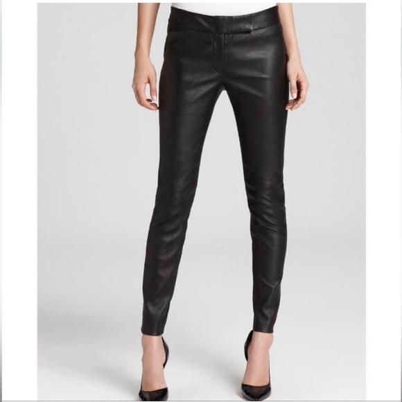 Milly NY Genuine Black Stretch Leather Pants 8 zippers at hem moto style